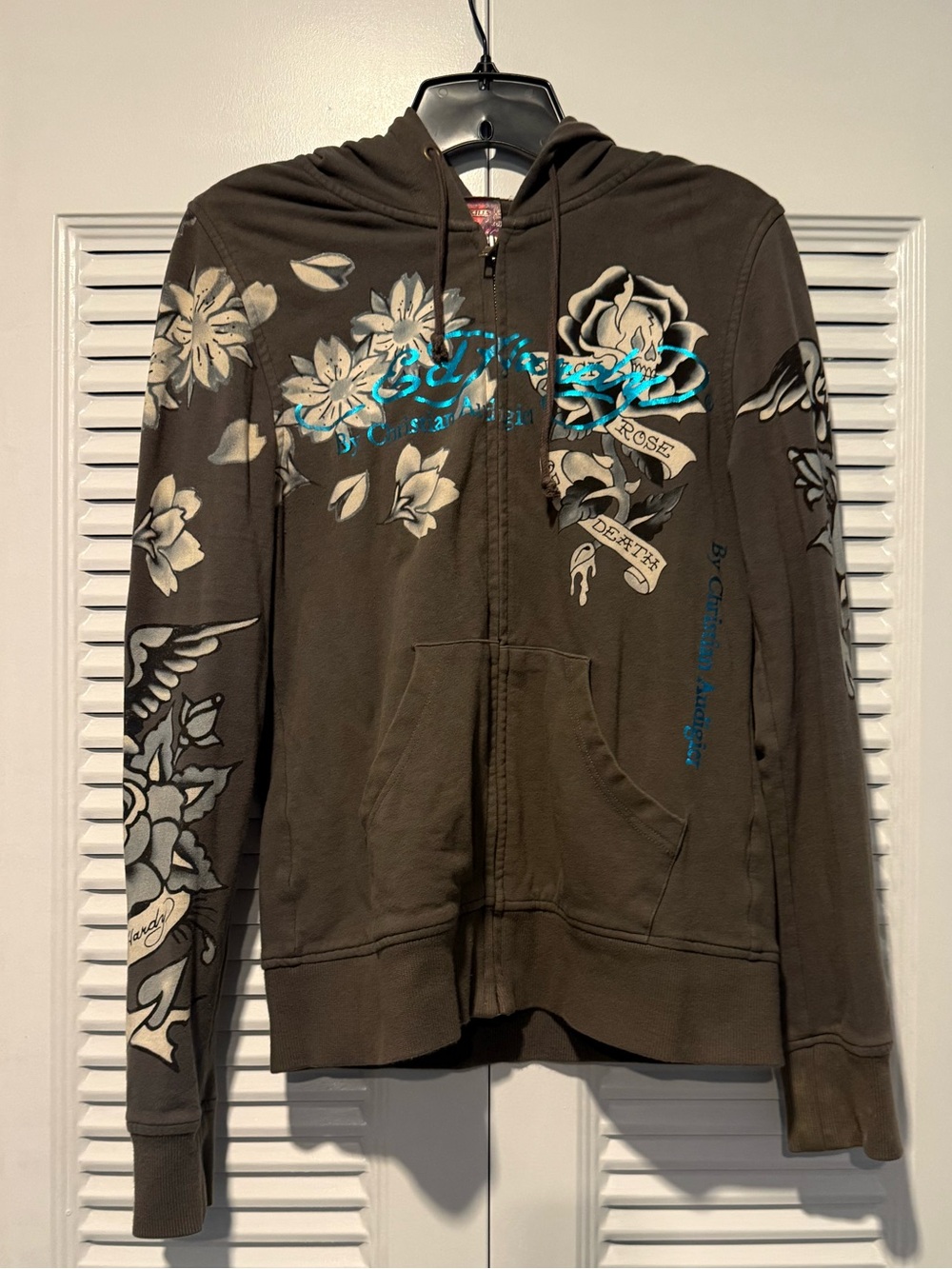 Ed Hardy Vintage Gray Zip Hoodie with Turquoise Floral Print